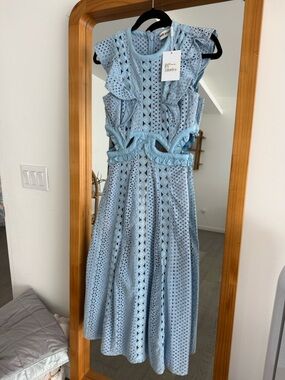 Self-Portrait Light Blue Eyelet Cutout Midi Dress